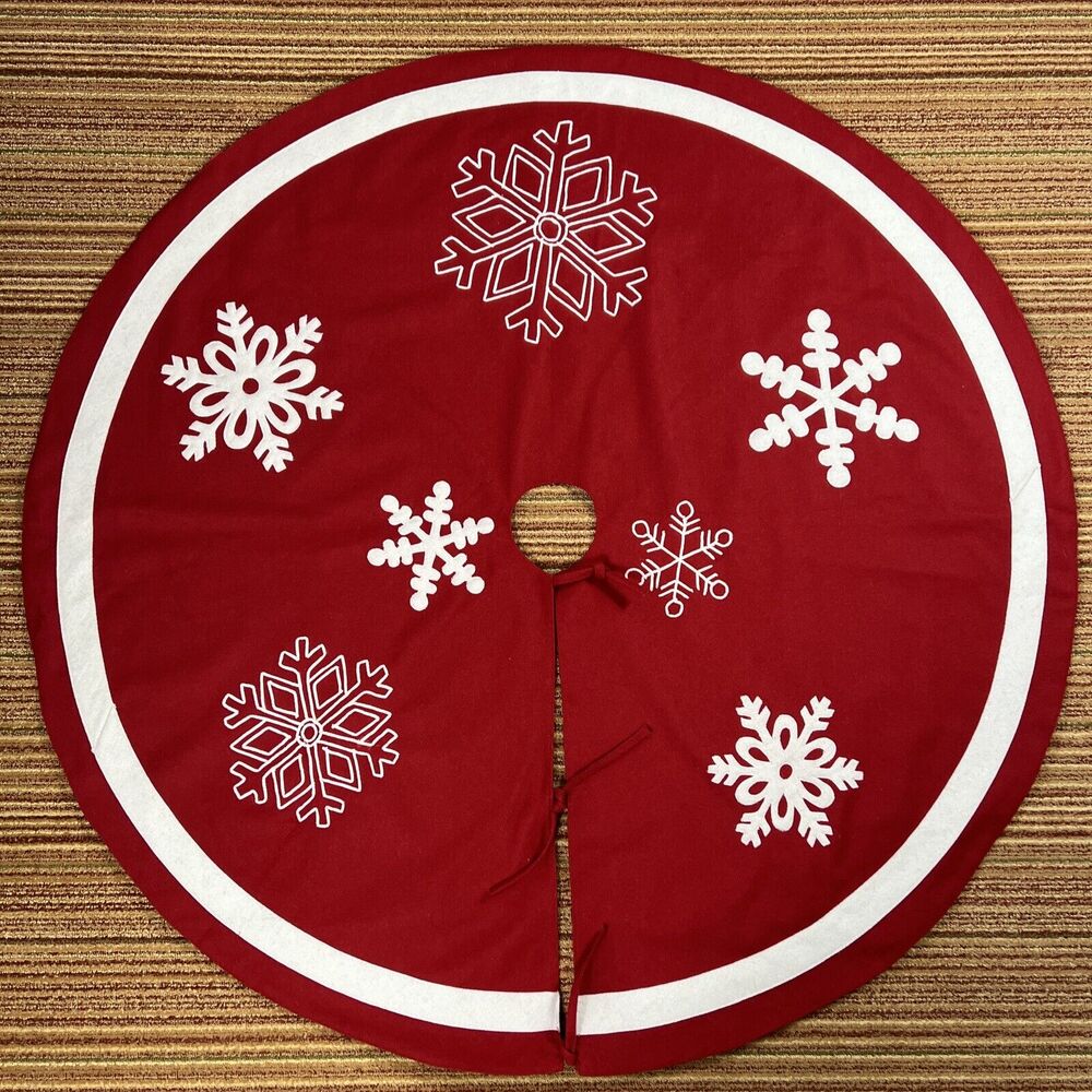 Christmas Tree Skirt Red Felt White Embroidered Snowflakes & Trim ~ 48" Round
